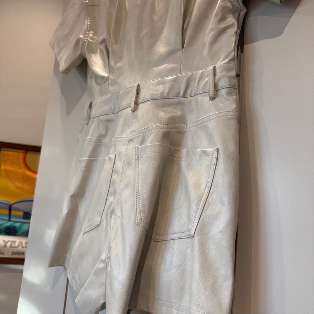 Revolve ~ Cream Short-Sleeve Leather Romper - Picture 6 of 6